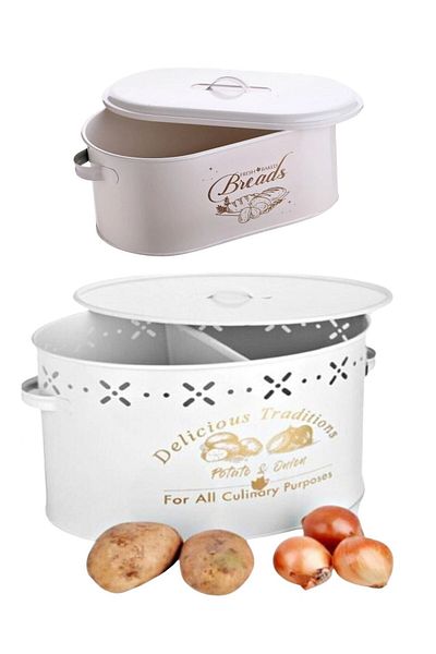 TOPTANFONİ 2-Piece Metal Kitchen Set Metal Bread Basket with Compartments Metal Potato Onion Holder White