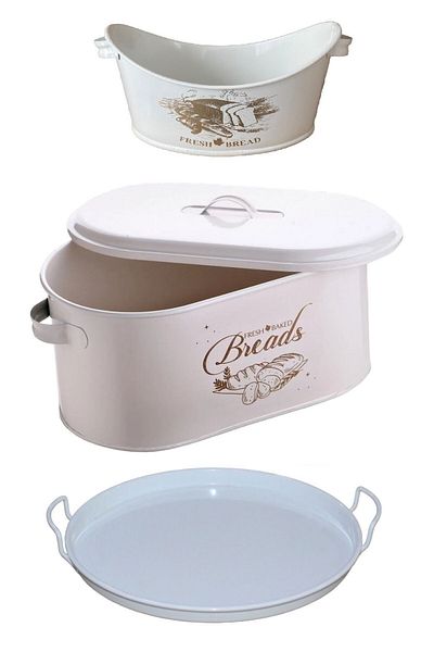 TOPTANFONİ Set of 3 Metal Covered Bread Bowl, Metal Tray and Tableware Bread Bowl WHITE