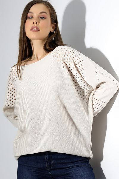 Devinka Pulover de damă, bej, oversize, ajurat, tricotaj casual