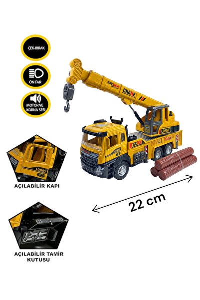 YILDIRIM OYUNCAK Çek Bırak Işıklı ve Sesli 1:28 Kamyon Kule Vinç 22 cm İnşaat...