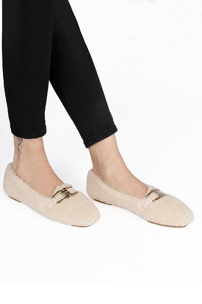 RENKLİBUTİK Plush Furry Buckle Detailed Women's Home Shoes Ballerinas