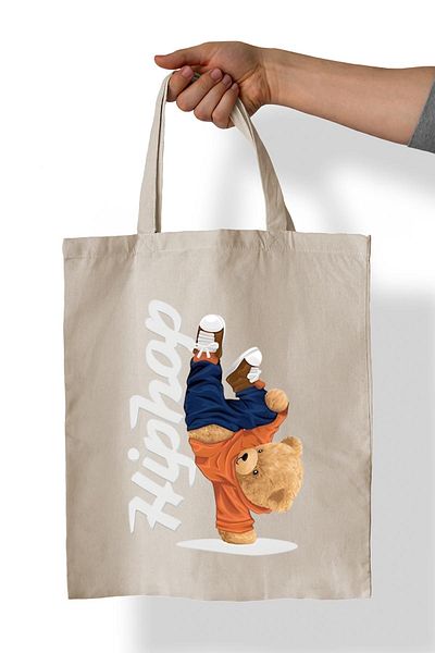 remonz HipHop Bear Printed 100% Cotton 35x38 cm υφασμάτινη τσάντα