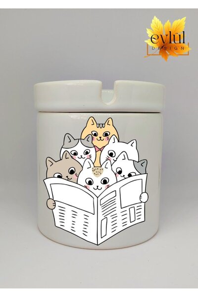 Eylül Design القطط لقراءة الصحف تصميم خاص منفضة سجائر سيراميك مطبوعة بدون رائحة