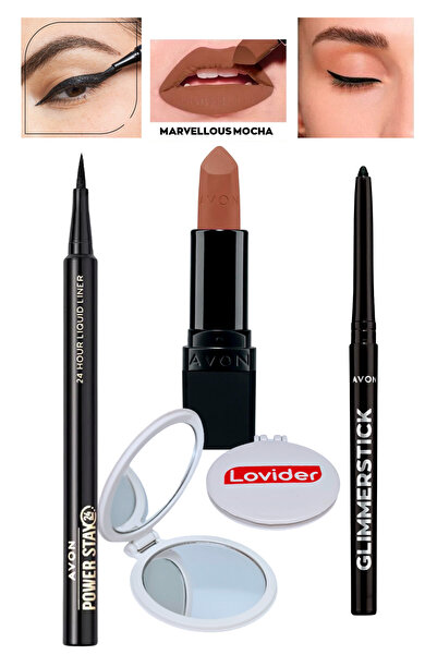 AVON Power Stay Likit Eyeliner Siyah + Mat Ruj Marvellous Mocha + Göz Kalemi Siyah + Lovider Cep Aynası