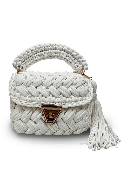 CHQEL Women's White Summer Bag Peanut Model Handmade Crochet Combed Cotton Thread Bag & Hand, Shoulder and Cross