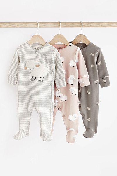 Next Baby Unisex Cotton Gray Sheep Patterned 3-Piece Jumpsuit Set