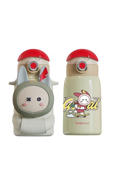 Vagonlife Cocosmile 470ml Steel Thermos Children's Water Bottle with Cute Sound-Making Case, Straw and Hanger