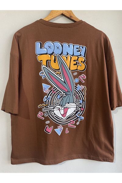 MartinoButik Men's Brown Looney Tunes Printed Oversize T-shirt
