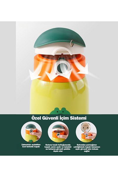 Vagonlife Cocosmile 470ml Steel Thermos Children's Water Bottle with Cute Sound-Making Case, Straw and Hanger