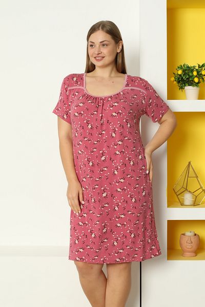 Lagertha by İntensive Pink Patterned Piping Short Sleeve Lycra Viscose Large Size Nightgown