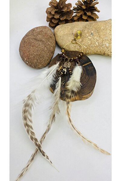 Porsuk Alternatif El Yapımı , Etnik Pirinç Aparatlı Tüy , Tekli Kadın Küpe