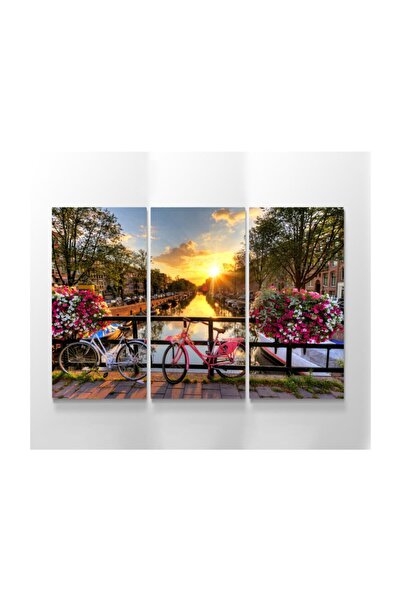 Meteor Galeri Bisiklet Ve Çiçekli Manzara Amsterdam Resimli Kanvas Tablo 3 Pa...
