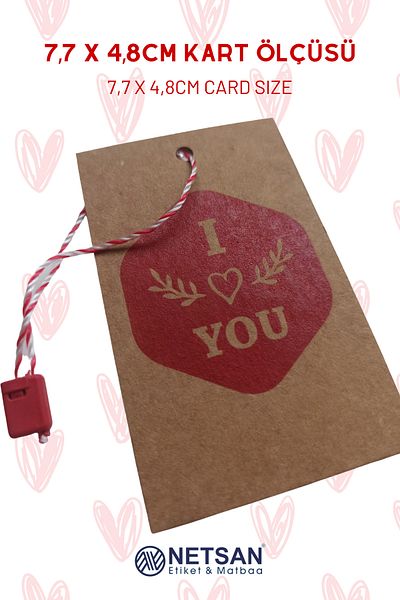 Netsan Etiket Kraft Valentine's Day Card (7,7x4,8cm) 28 Different Designs + 28 Red and White Locked Strings