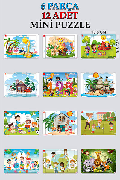 gift plus Ahşap Mini 6 Parça Puzzle Yapboz 12'li Set Eğitici Oyuncak