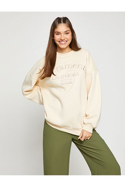 Koton Crew Neck Sweatshirt Oversize Slogan Embroidered Long Sleeve