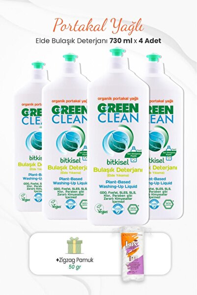 Green Clean Elde Bulaşık Deterjanı 730 ml X 4 Adet Ve Zigzag Pamuk 50 gr