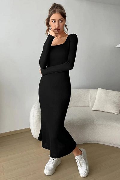 lumuteks Rochie lungă flexibilă cu mânecă lungă neagră