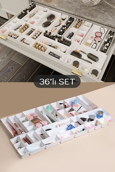 Meleni Home 36 Piece Mega Set Drawer Organizer - Bathroom Cosmetic Organizer Set White