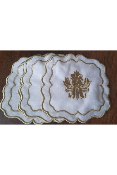 HİFA Cremă 6 bucăți Cocktail Cafea Prezentare Servețel Auriu Broderie Servețel Prezentare Brodat