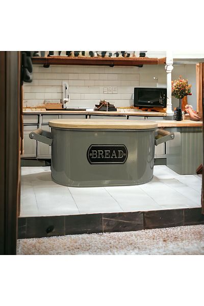 LUCKYHOMES Wooden Handle Bread Box with Cutting Board Gray 32X20
