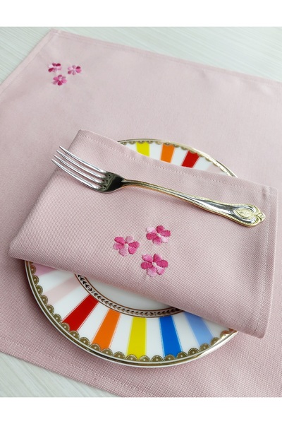 Fabric by Gülçin Koton Duck Kumaş Şeker Pembe Çiçek Nakış İşlemeli 4'lü Ameri...