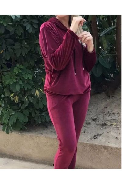 BAHHAR Women's Burgundy Silky French Velvet Pants Mold High Waist Elastic Leg Pocket Pants