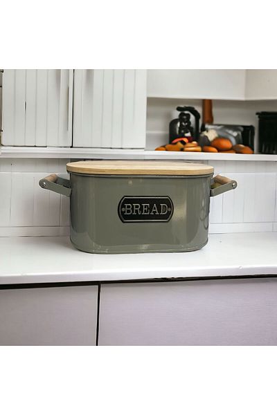 LUCKYHOMES Wooden Handle Bread Box with Cutting Board Gray 32X20