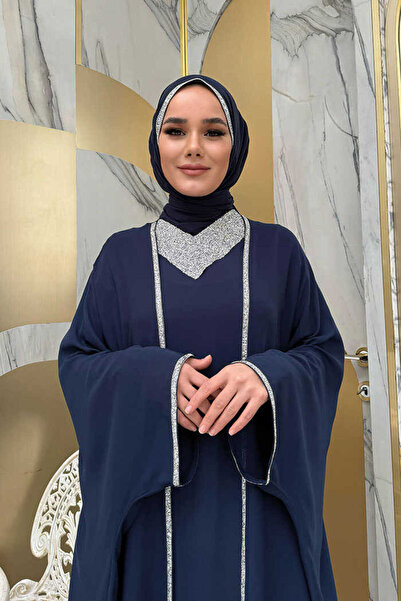 Bym Fashion 8496 Jewelled Cape Suit Navy Blue