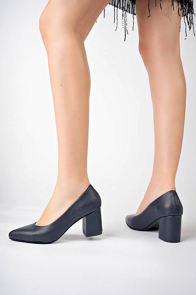 Deripabuc Genuine Leather Navy Blue Women's Heeled Leather Shoes Shn-1930