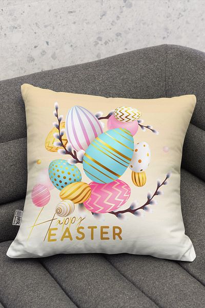 Hayal Dekoratif Față de pernă cu tema de Paște Happy Easter, albastru, roz, model de ouă, imprimată digitală