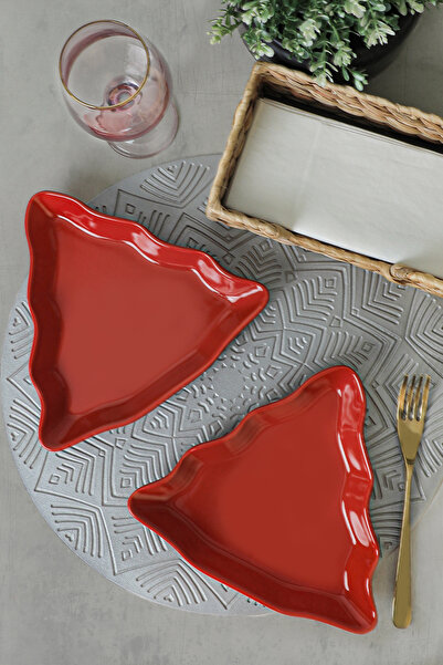 Keramika Farfurie de Pin Rosu de Anul Nou - 22 Cm, 2 Bucati