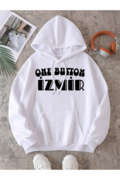 one button Hanorac unisex alb din bumbac cu glugă și imprimeu Izmir, cu un si...