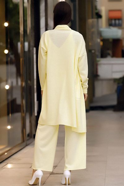 ALCHON V-Neck Ribbed Tank Top U Long Sleeve Pocket Cardigan Elastic Waist Straight Leg Trousers Knitwear Triple Set