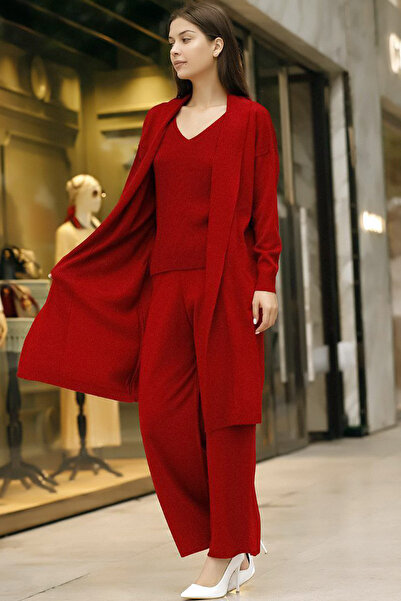 ALCHON V Yaka Fitilli Askılı Atlet U Uzun Kol Cepli Hırka Beli Lastikli Düz Paça Pantolon Triko Üçlü Takım