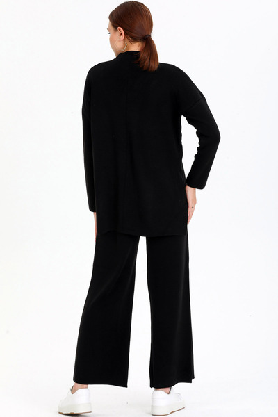 ALCHON Állványgallér csíkos részletes elöl rövid hátul hosszú pulóver elasztikus derék, egyenes szárú nadrág, kétrészes kötöttáru szett