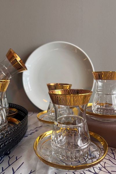 Paşabahçe Decostyle Diana Gold Embroidered 12 Piece Ajda Size Tea Set for 6 Persons 150 Cc