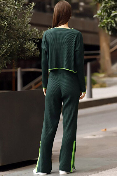 ALCHON Round Neck Ribbed Striped Short Sweater Elastic Waist Slit Trousers Double Knitwear Set