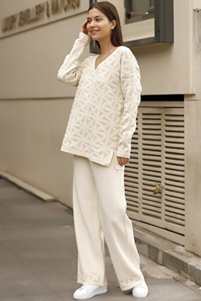 ALCHON V-neck Long Sleeve Loose Cut Split Sweater Elastic Waist Straight Leg Trousers Knitwear Two Pieces Set