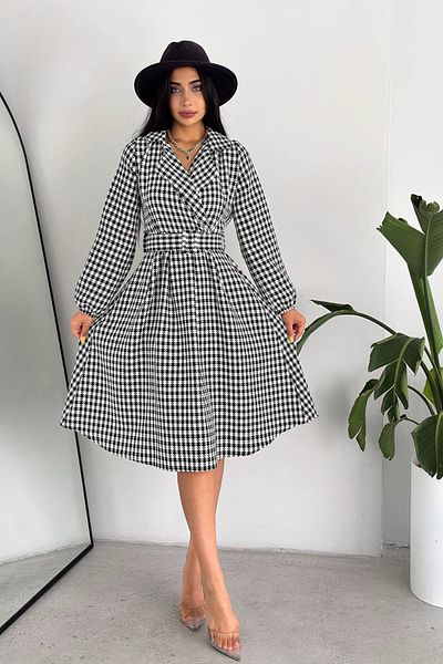 NKTCOLLECTİON Γυναικείο παλτό με μοτίβο Houndstooth Πέτο Εισαγόμενο υφασμάτινο φόρεμα μίντι μήκους με φερμουάρ