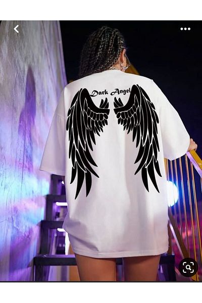 Vordevia Tricou supradimensionat alb cu imprimeu Dark Angel Wing