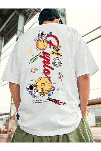 Vordevia Tricou supradimensionat alb cu imprimeu astronaut
