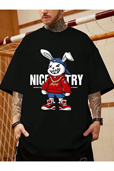 Vordevia Nice Try Зайчик Надрукований Oversize Чорний T-Shirt