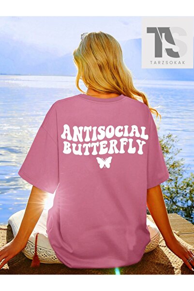 Tarzsokak Tricou oversize cu grafică cu fluturi și litere Coolane, cu umeri goi