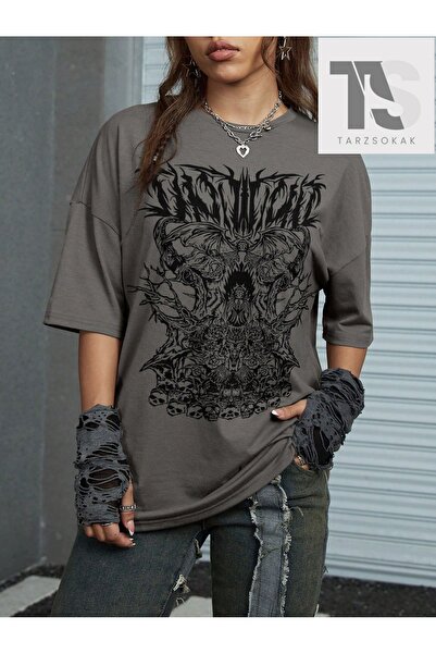 Tarzsokak Grunge Punk Mektup Kafatası Grafik Damla Omuz Tişört