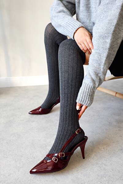 POLKA STORE Blair Pointed Toe Two-Striped Buckle Claret Red Patent Leather Heeled Cherry Red Women's Shoes