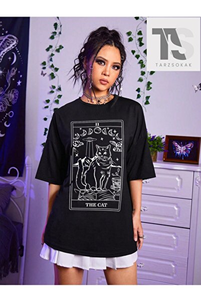 Tarzsokak Tricou supradimensionat cu imprimeu pisică gotică