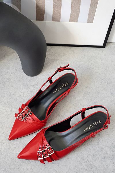 POLKA STORE Candy Pointed Toe Capsule Three-Striped Buckle Red Patent Leather Heeled Women's Shoes