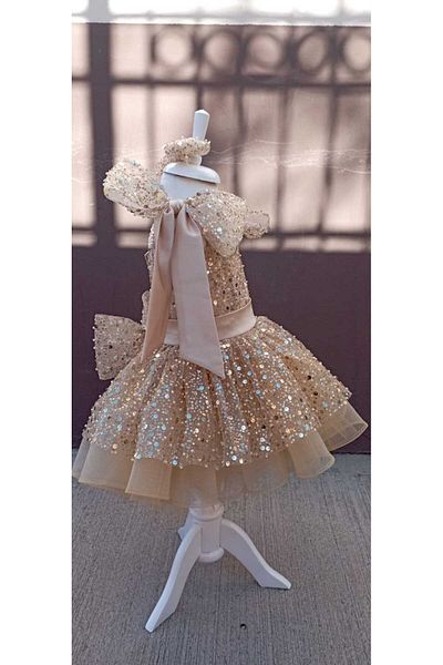 shopland Gold Color Glittering Girl's Princess Evening Dress