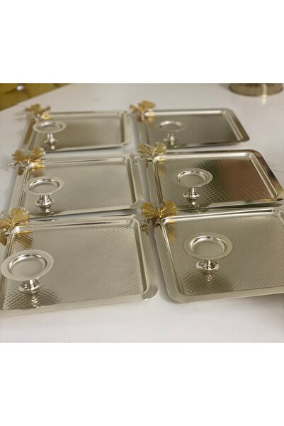 Elzemm store 2 Model 6 Gümüş Kare Tepsi Ve 6 Gümüş Makaronluk