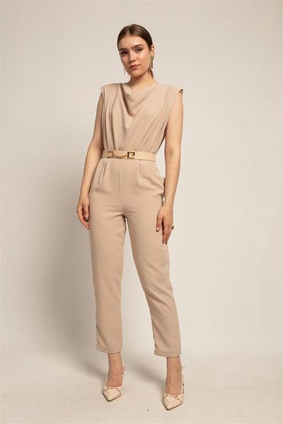 msendam Women's Sleeveless Pleated Belted Jumpsuit-Beige (Belt Not Included.)